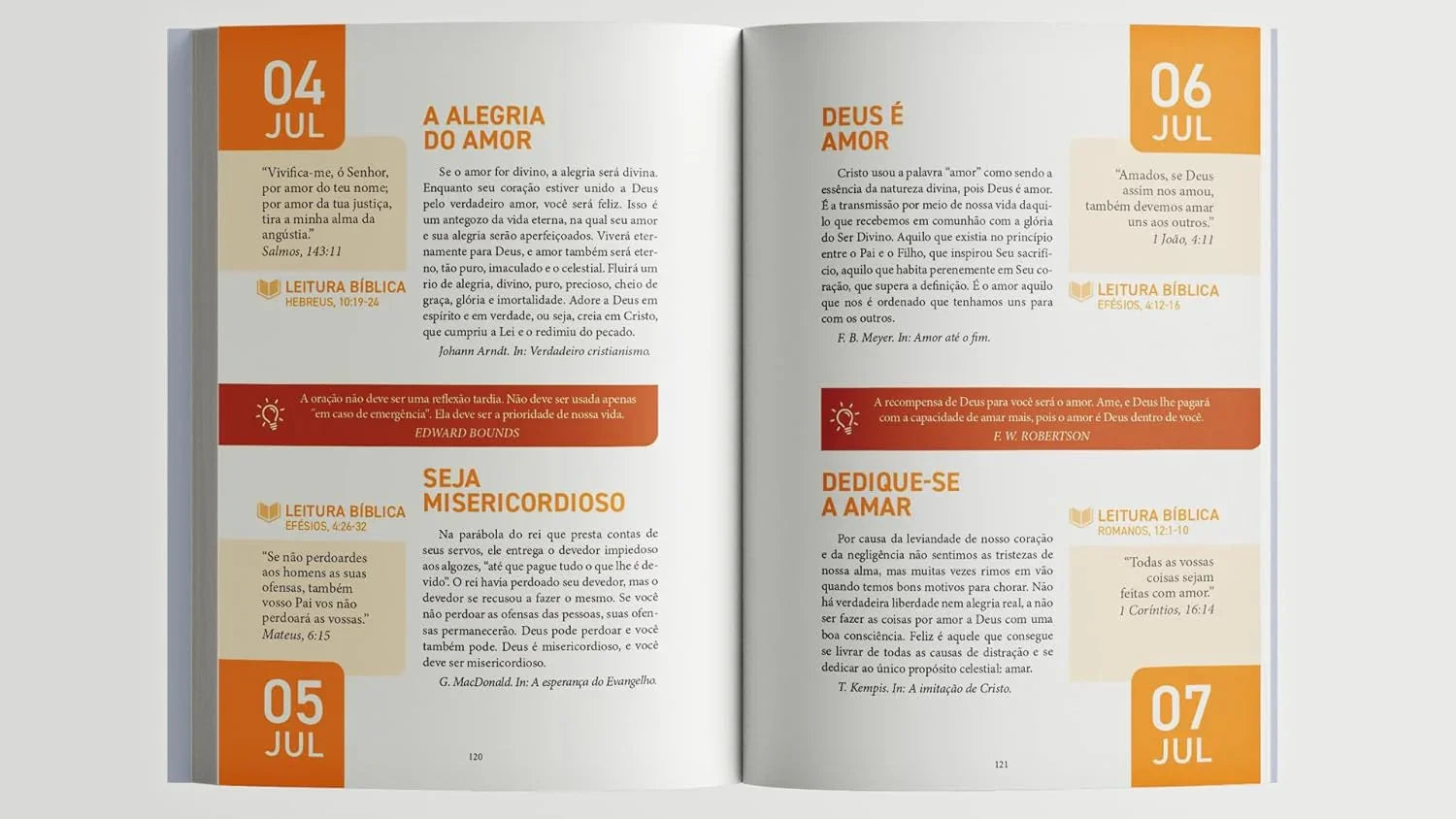 Páginas de livro devocional com texto em português sobre amor, misericórdia e leituras bíblicas de 04 a 07 julho