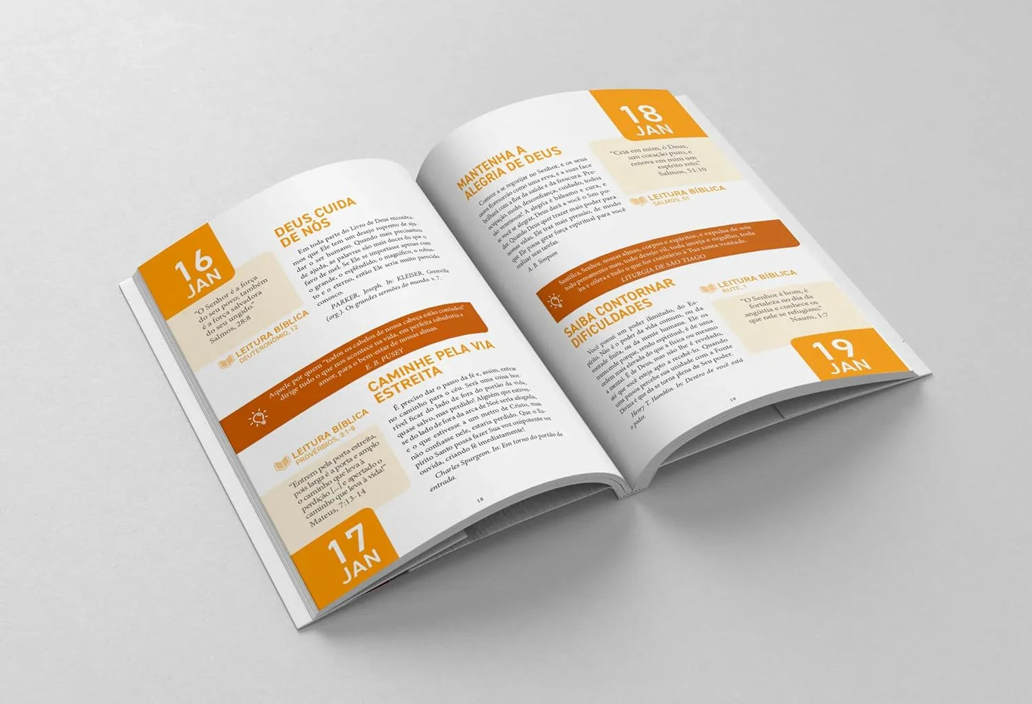 Livro aberto com devocionais diários e leituras bíblicas de janeiro em idioma português